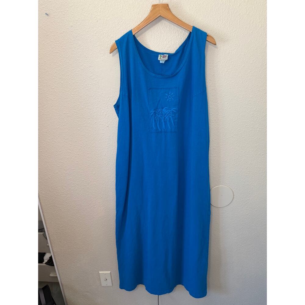 VTG Cactus California Boho 90’s Blue Palm Graphic Maxi Sleeveless Shirt Dress XL - Picture 2 of 11